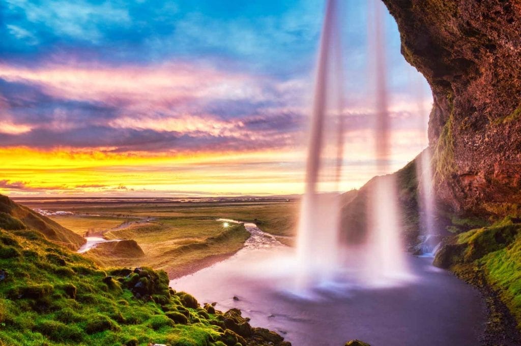 Seljalandsfoss Waterfall at sunset iceland 1024x681