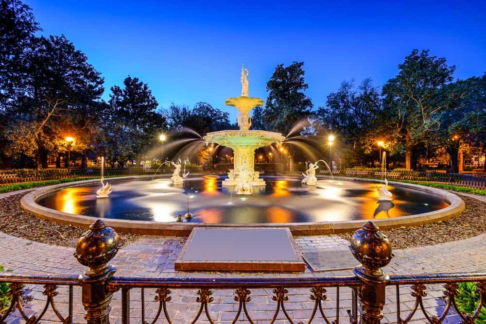night waterfall forsyth park savannah georgia
