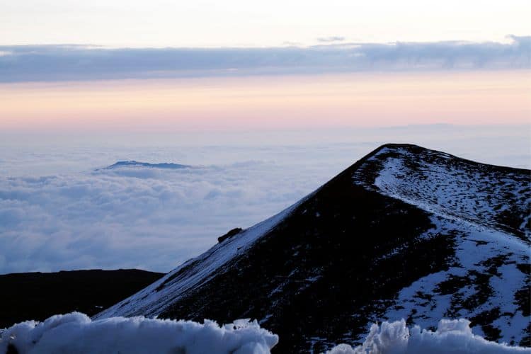 Hawaii Volcano Cone with Snow and Clouds
