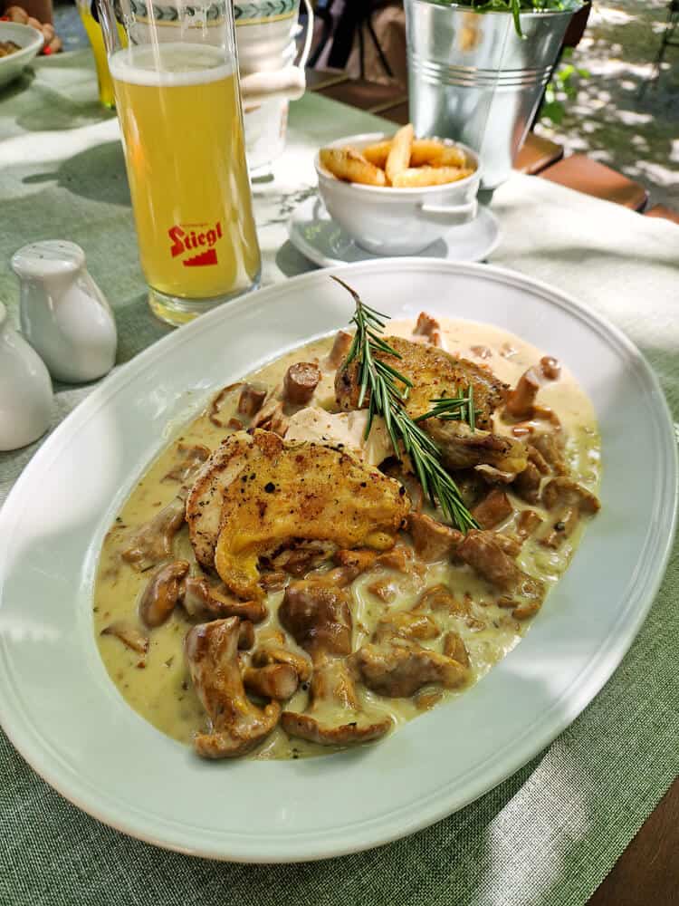 Plato de pollo con setas y una cerveza austriaca